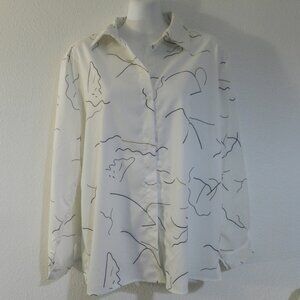 White long sleeve button down collared shirt with black, blue,  brown line art